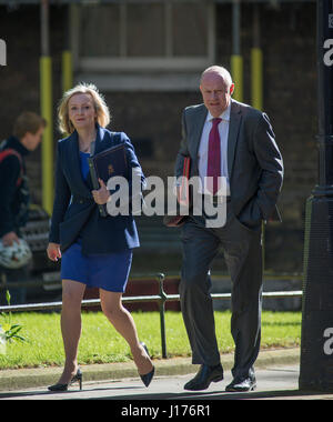 Downing Street, London UK. 18th April, 2017. Cabinet Ministers arrive for the first Tuesday morning cabinet meeting after Easter break before PM Theresa May announces a snap election for 8th June 2017. Photo: Lord Chancellor and Justice Secretary Elizabeth Truss MP arrives with Secretary of State for Work and Pensions Damian Green MP. Credit: Malcolm Park/Alamy Live News. Stock Photo