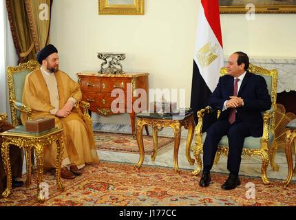 Cairo, Egypt. 18th Apr, 2017. Egyptian President Abdel Fattah al-Sisi meets with Ammar al-Hakim, leader of the Islamic Supreme Council of Iraq (ISCI), in Cairo, Egypt, on April 18, 2017 Credit: Egyptian President Office/APA Images/ZUMA Wire/Alamy Live News Stock Photo