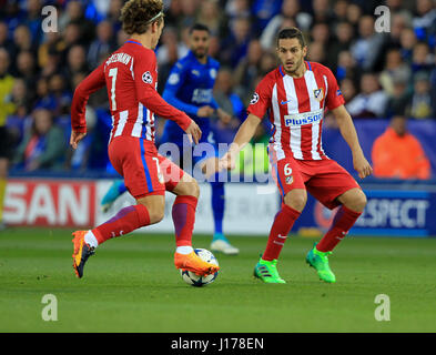 Leicester, UK. 18th April, 2017. Antoine Griezmann and Koke on the ball for Madrid during UEFA Champions League Quarter Final between Leicester City FC and Atletico Madrid. Credit: Phil Hutchinson/Ģ����ý Live News Stock Photo