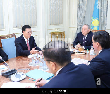 Astana, Kazakhstan. 18th Apr, 2017. Chinese Vice Premier Zhang Gaoli meets with Kazakh President Nursultan Nazarbayev in Astana, Kazakhstan, April 18, 2017. Credit: Wang Ye/Xinhua/Alamy Live News Stock Photo