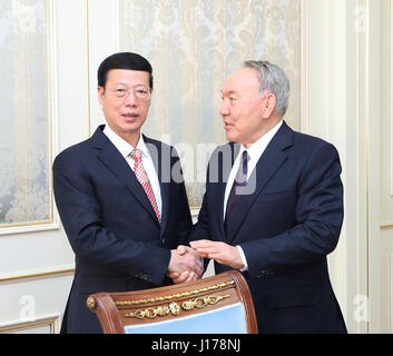 Astana, Kazakhstan. 18th Apr, 2017. Chinese Vice Premier Zhang Gaoli meets with Kazakh President Nursultan Nazarbayev in Astana, Kazakhstan, April 18, 2017. Credit: Wang Ye/Xinhua/Alamy Live News Stock Photo