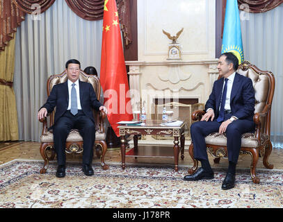 Astana, Kazakhstan. 18th Apr, 2017. Chinese Vice Premier Zhang Gaoli meets with Kazakh Prime Minister Bakytzhan Sagintayev in Astana, Kazakhstan, April 18, 2017. Credit: Wang Ye/Xinhua/Alamy Live News Stock Photo
