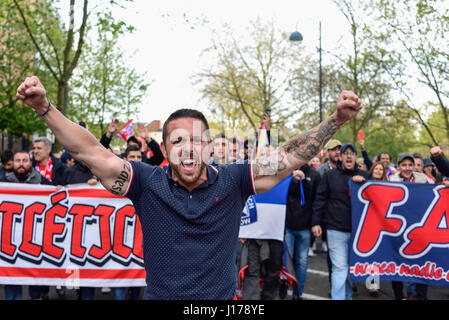 Leicester, UK. 18th Apr, 2017. Leicester city FC and Atletico Madrid fans gather in Jubilee square ahead of tonight's champions league game at the King power stadium.Fans were mainly in high sprites but fighting broke out between rival supporters, Police move in and got the situation back under control. Credit: Ian Francis/Alamy Live News Stock Photo
