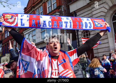 Leicester, UK. 18th Apr, 2017. Leicester city FC and Atletico Madrid fans gather in Jubilee square ahead of tonight's champions league game at the King power stadium.Fans were mainly in high sprites but fighting broke out between rival supporters, Police move in and got the situation back under control. Credit: Ian Francis/Alamy Live News Stock Photo