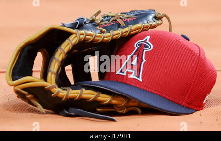 Houston, TX, USA. 17th Apr, 2017. A general view of an Los Angeles Angels players hat and glove during the MLB game between the Los Angeles Angels and the Houston Astros at Minute Maid Park in Houston, TX. John Glaser/CSM/Alamy Live News Stock Photo