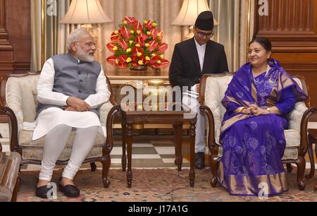 New Delhi, India. 18th Apr, 2017. Indian Prime Minister Narendra Modi during a bilateral meeting with the Nepali President Bidya Devi Bhandari April 18, 2017 in New Delhi, India. Credit: Planetpix/Alamy Live News Stock Photo