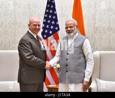 New Delhi, India. 18th Apr, 2017. Indian Prime Minister Narendra Modi, right, greets U.S. National Security advisor Lt. Gen. H. R. McMaster before the start of a bilateral meeting April 18, 2017 in New Delhi, India. Credit: Planetpix/Alamy Live News Stock Photo
