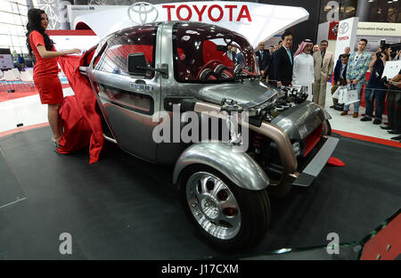 Doha, Capital of Qatar. 18th Apr, 2017. Visitors look at the Toyota KIKAI during the Qatar Motor Show 2017 at the Doha Exhibition and Convention Center in Doha, Capital of Qatar, April 18, 2017. The five days of the show will witness hybrid cars, connected cars and some of the most tech-advanced vehicles in the world. Credit: Nikku/Xinhua/Alamy Live News Stock Photo