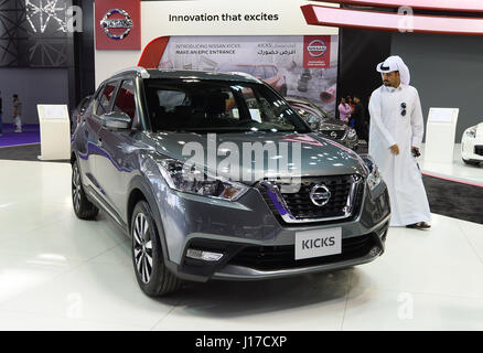 Doha, Capital of Qatar. 18th Apr, 2017. A visitor looks at the Nissan KICKS during the Qatar Motor Show 2017 at the Doha Exhibition and Convention Center in Doha, Capital of Qatar, April 18, 2017. The five days of the show will witness hybrid cars, connected cars and some of the most tech-advanced vehicles in the world. Credit: Nikku/Xinhua/Alamy Live News Stock Photo
