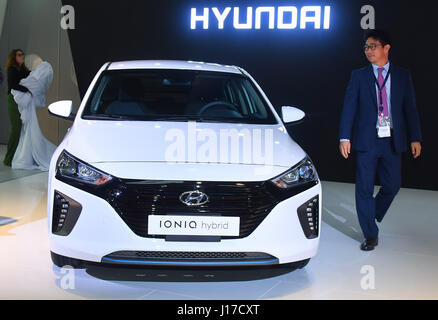 Doha, Capital of Qatar. 18th Apr, 2017. A Hyundai IONIQ Hybrid is displayed during the Qatar Motor Show 2017 at the Doha Exhibition and Convention Center in Doha, Capital of Qatar, April 18, 2017. The five days of the show will witness hybrid cars, connected cars and some of the most tech-advanced vehicles in the world. Credit: Nikku/Xinhua/Alamy Live News Stock Photo