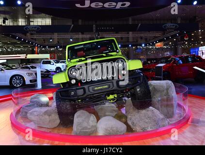 Doha, Capital of Qatar. 18th Apr, 2017. The Jeep Wrangler Rubicon is displayed during the Qatar Motor Show 2017 at the Doha Exhibition and Convention Center in Doha, Capital of Qatar, April 18, 2017. The five days of the show will witness hybrid cars, connected cars and some of the most tech-advanced vehicles in the world. Credit: Nikku/Xinhua/Alamy Live News Stock Photo