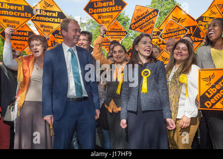 Richmond, UK. 19th Apr, 2017. Liberal Democrat leader Tim Farron and Sarah Olney MP for Richmond Park and North Kingston launch their campaign for the British general election in Richmond on Wednesday April 17 Credit: On Sight Photographic/Alamy Live News Stock Photo