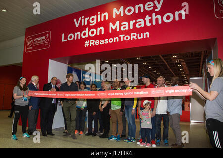 London, UK. 19th Apr, 2017. Prince Harry opens the 2017 Virgin Money London Marathon Expo at ExCeL London where thousands of runners will register over the following four days for this Sunday's 37th edition of the race. Prince Harry is Patron of the London Marathon Charitable Trust and, together with The Duke and Duchess of Cambridge, is spearheading the Heads Together campaign to end the stigma around mental health and start a national conversation on mental wellbeing for everyone. Credit: Vibrant Pictures/Alamy Live News Stock Photo