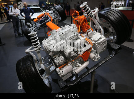 Shanghai, China. 19th Apr, 2017. Visitors view a Volvo chassis at the 7th Shanghai International Automobile Industry Exhibition in Shanghai, east China, April 19, 2017. The exhibition kicked off in Shanghai Wednesday. Credit: Pei Xin/Xinhua/Alamy Live News Stock Photo