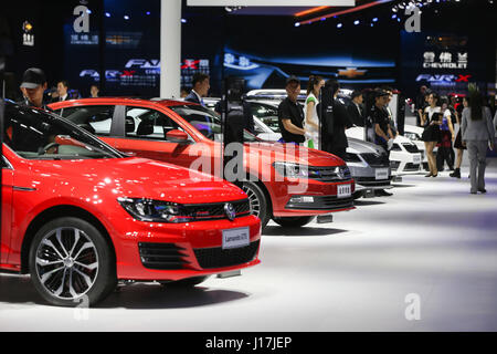 Shanghai, China. 19th Apr, 2017. Photo taken on April 19, 2017 shows Volkwagen cars at the 7th Shanghai International Automobile Industry Exhibition in Shanghai, east China. The exhibition kicked off in Shanghai Wednesday. Credit: Ding Ting/Xinhua/Alamy Live News Stock Photo