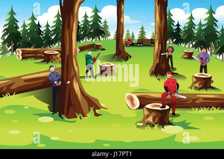 A vector illustration of people cutting down and exploiting trees in forest Stock Vector