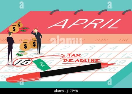 A vector illustration of businessmen standing on top calendar with tax deadline written on the calendar for tax deadline concept Stock Vector