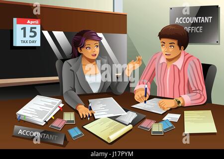 A vector illustration of accountant helping a man filling the tax in office Stock Vector