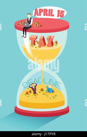 A vector illustration of businessman sitting on top hourglass with sand falling down for tax deadline concept Stock Vector