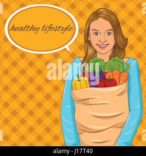 A vector illustration of beautiful girl holding paper bag with full of vegetables for healthy lifestyle Stock Vector