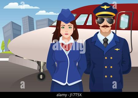 A vector illustration of pilot and flight attendant standing in front of the airplane Stock Vector