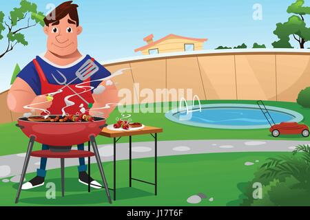 A vector illustration of man cooking a BBQ in the backyard Stock Vector