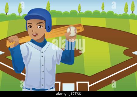 A vector illustration of baseball players standing in front of baseball field Stock Vector