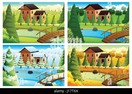 A vector illustration of village in four seasons Stock Vector