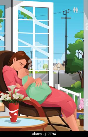 A vector illustration of happy mother holding her sleeping baby Stock Vector