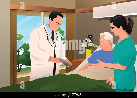 A vector illustration of doctor talking to his patient at the hospital Stock Vector