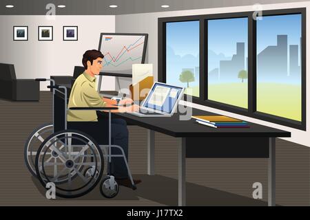 A vector illustration of handicapped businessman working in a modern office Stock Vector