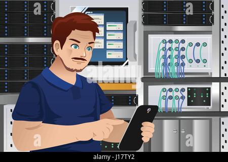 A vector illustration of man working in computer server room Stock Vector