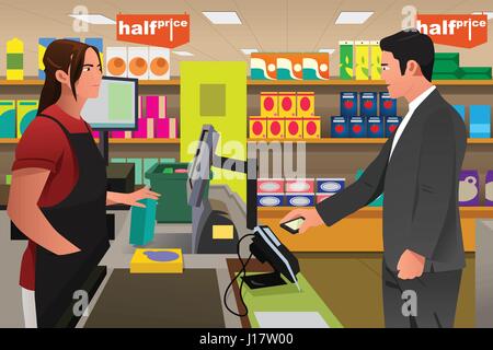 A vector illustration of man paying the cashier at the grocery store using his phone Stock Vector