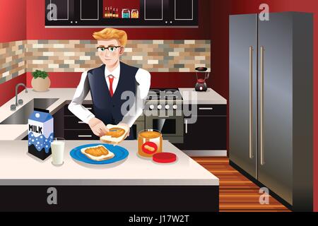 A vector illustration of businessman making breakfast in the kitchen Stock Vector