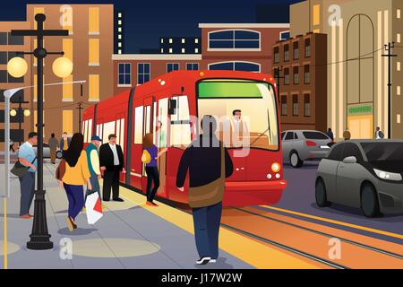 A vector illustration of people riding and boarding a street car Stock Vector