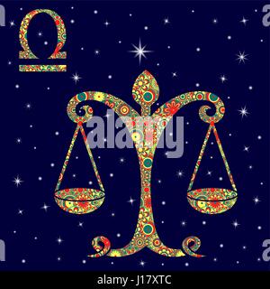Zodiac sign Libra with colorful flowers fill in warm hues on a background of the blue starry sky, vector illustration