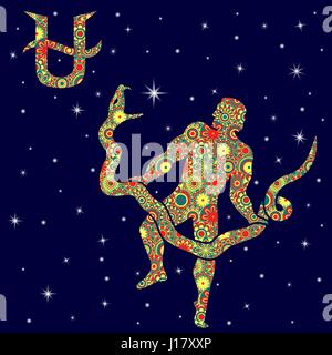 Alternative thirteenth Zodiac sign Ophiuchus with colorful flowers fill in warm hues on a background of the blue starry sky, vector illustration Stock Vector