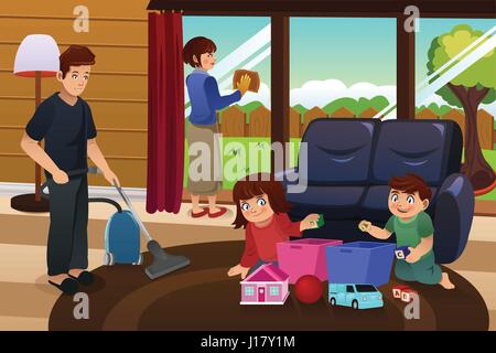 A vector illustration of whole family cleaning house together Stock Vector