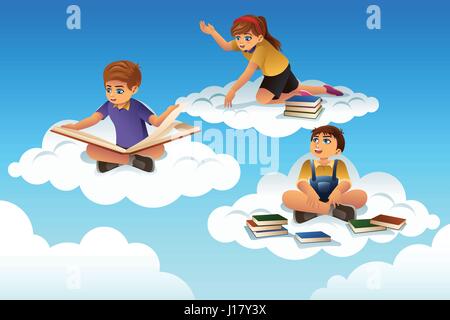 A vector illustration of students sitting on a cloud and reading a book Stock Vector