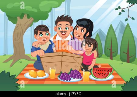 A vector illustration of happy family having a picnic together in the park Stock Vector