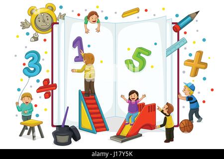 A vector illustration of kids playing and reading with open book Stock Vector