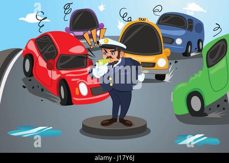 A vector illustration of police officer directs traffic on a busy city Stock Vector