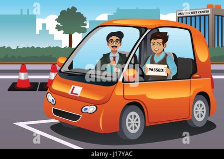A vector illustration of teenager driver passes driving test and holding his driver's license Stock Vector