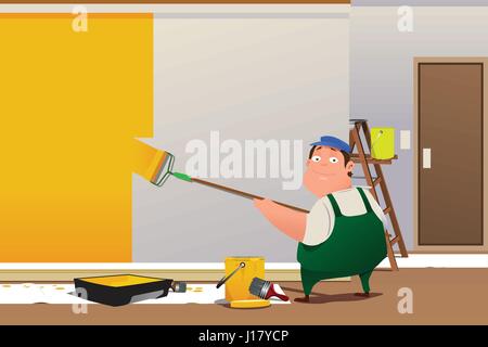 A vector illustration of man painting a wall at home Stock Vector