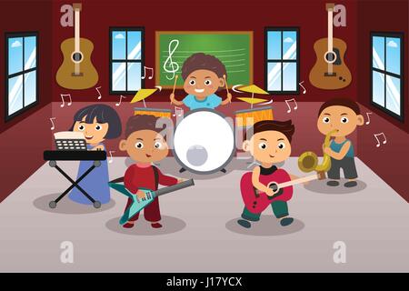 A vector illustration of kids in music band Stock Vector