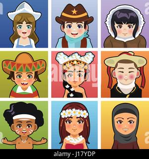 A vector illustration of children from different parts of the world wearing traditional clothing Stock Vector