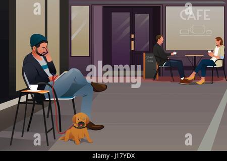 A vector illustration of a man sitting in an outdoor cafe with his dog talking on the phone Stock Vector