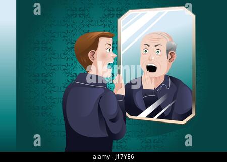 A vector illustration of a Young Man Looking At an Older Himself in the Mirror Stock Vector