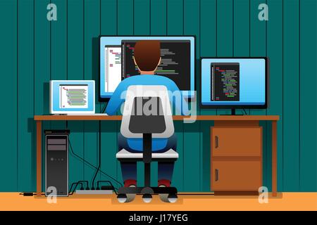 A vector illustration of a Man Working in Front of His Computer Stock Vector