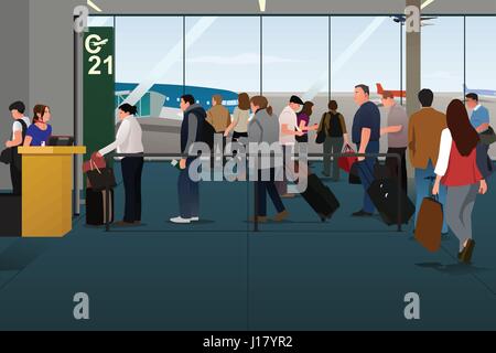 A vector illustration of Plane Passengers Boarding the Plane on the Departure Gate Stock Vector